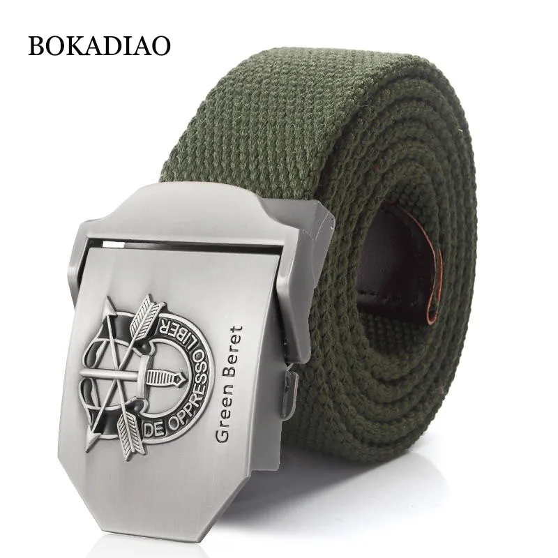 BOKADIAO Men's Canvas Belt Luxury Green Beret Metal Buckle Retired Soldier Military Army Tactical Belts for Women Strap Male