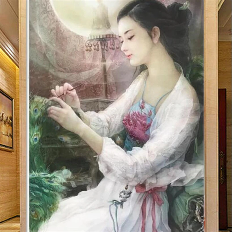 

wellyu New Chinese classical beauty entrance wall custom large mural wallpaper papel de parede para quarto