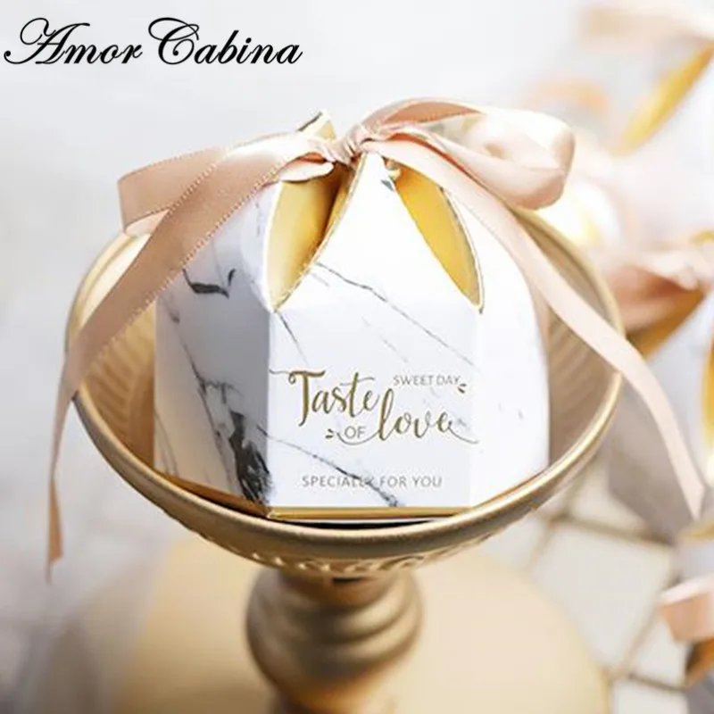 

50pcs European white marble style hexagonal romantic wedding like candy box golden ribbon party favor gift box Christmas party