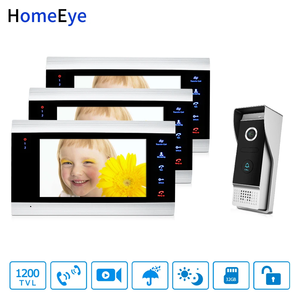 HomeEye 7'' 1200TVL Video Door Phone Video Intercom Waterproof Motion Detection OSD Menu Night Vision 1-3 Security Access System