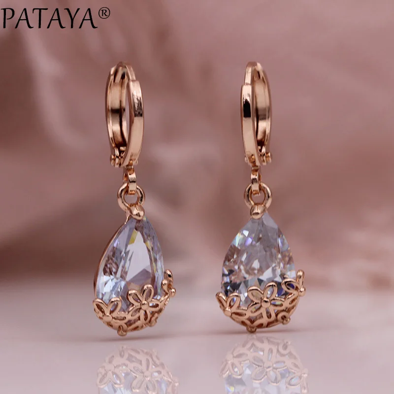 PATAYA New White Water Drop Long Earrings 585 Rose Gold Color Patterned Asymmetry Dangle Earrings Women Wedding Fashion Jewelry