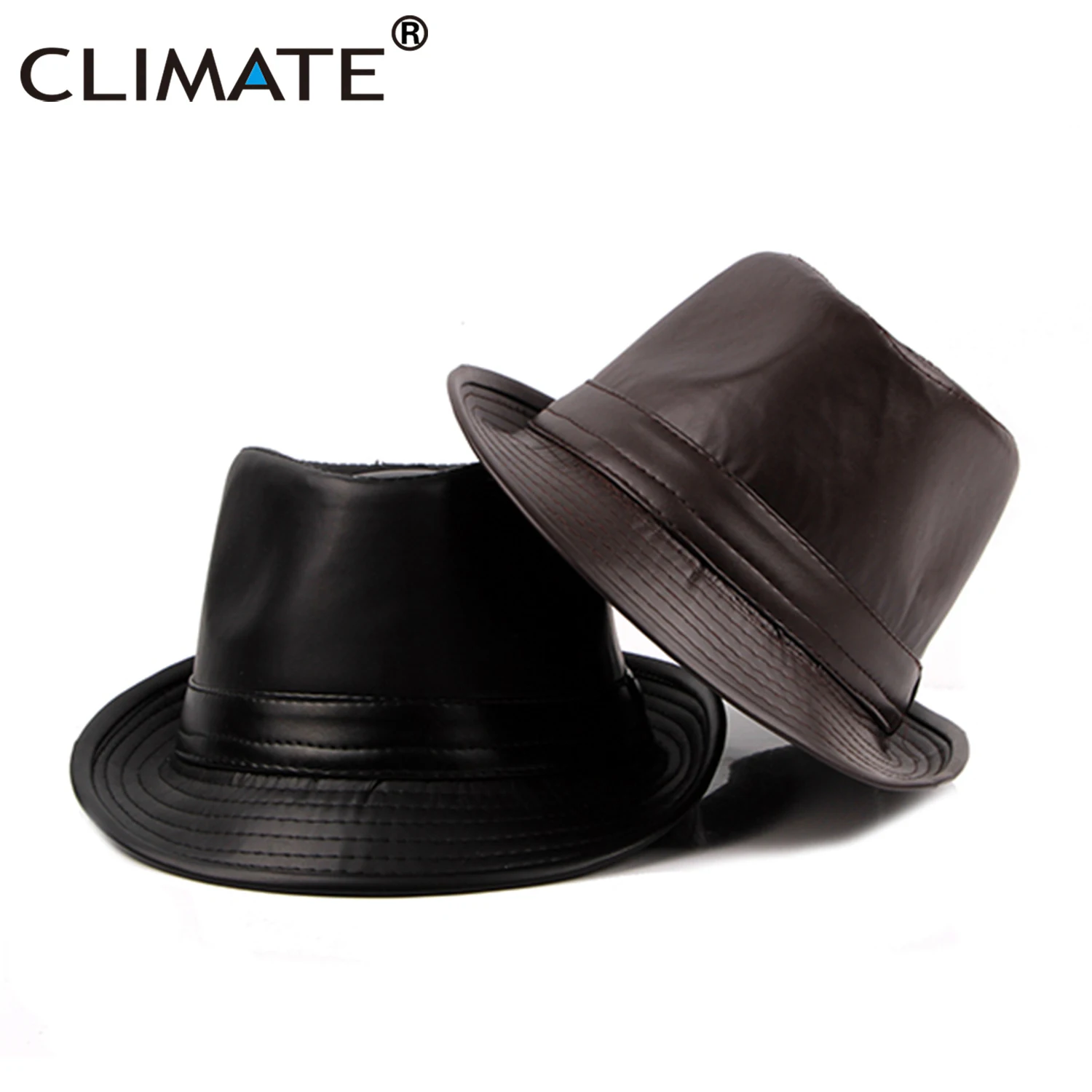 CLIMATE Men PU Fedora Jazz Hat Formal Hats for Man Men Solid Warm Fedoras Cap Black Coffee PU Leather Cap Hats Fedora Men Hat