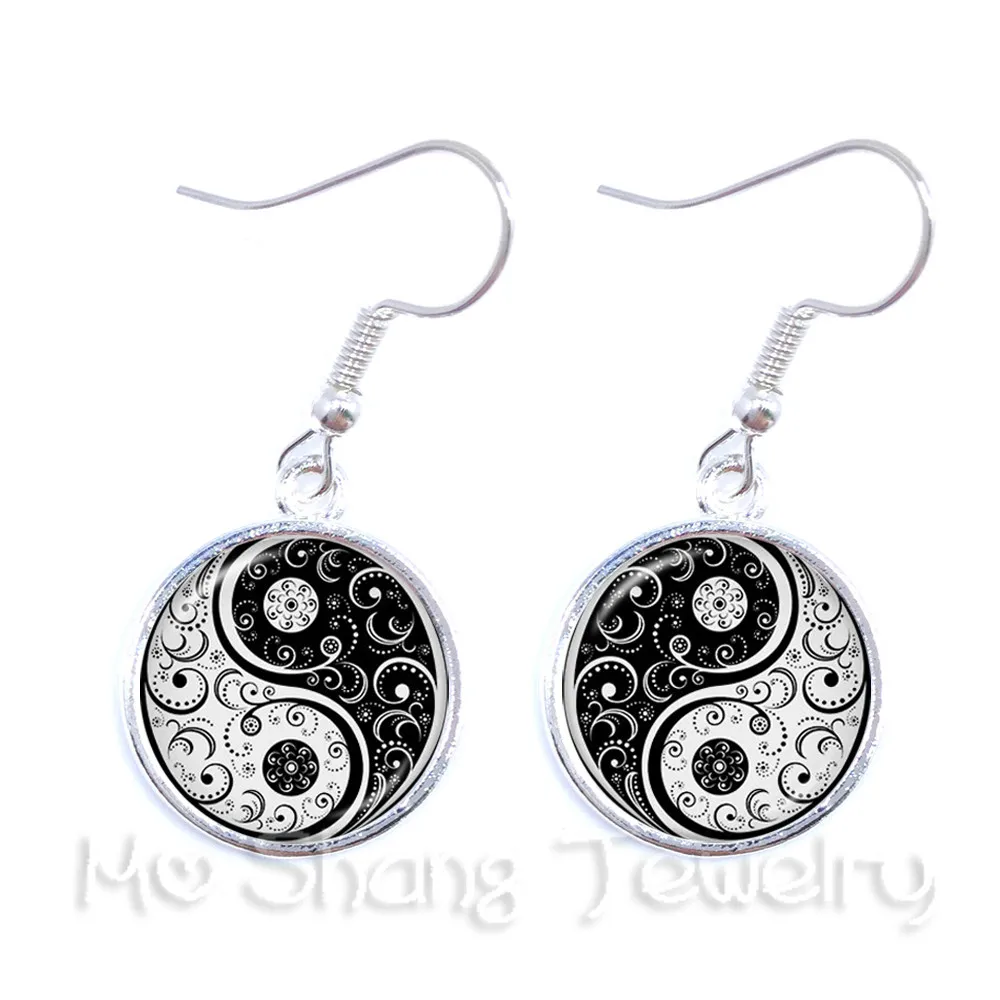Yin Yang Glass Earrings Black and White Flower Symbol Jewelry Pendant Natural Rustic Boho Style Symbolizing Harmony
