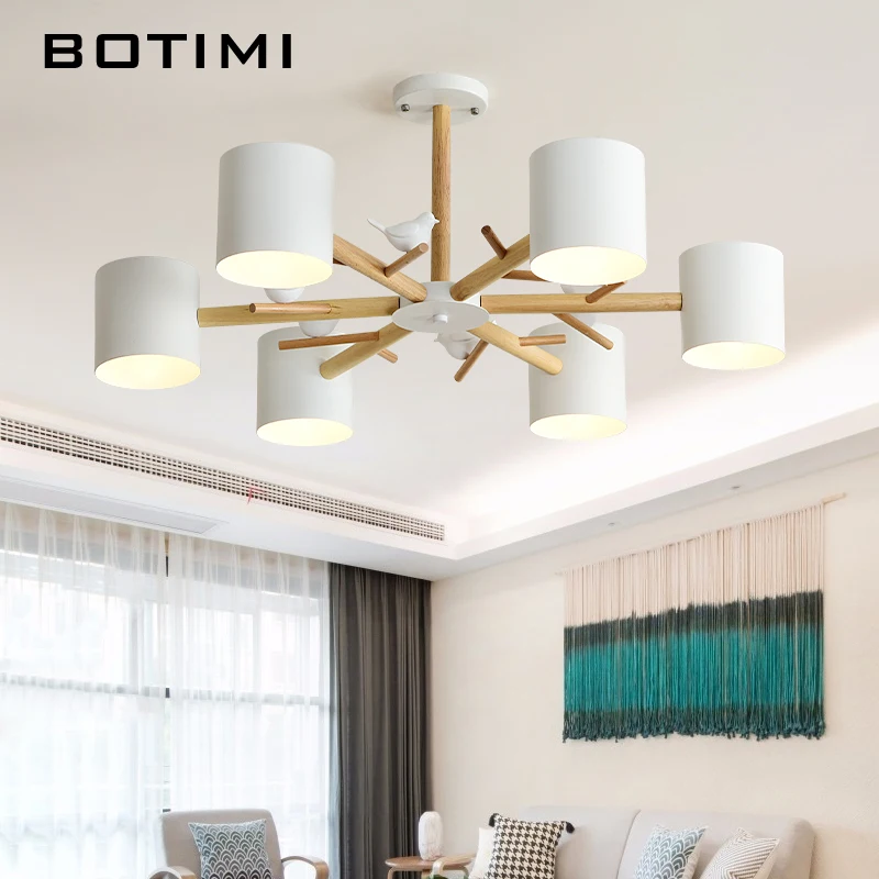 BOTIMI Nordic 220V Birds Chandelier With Metal Lampshade For Living Room Modern Wooden Bedroom Chandeliers