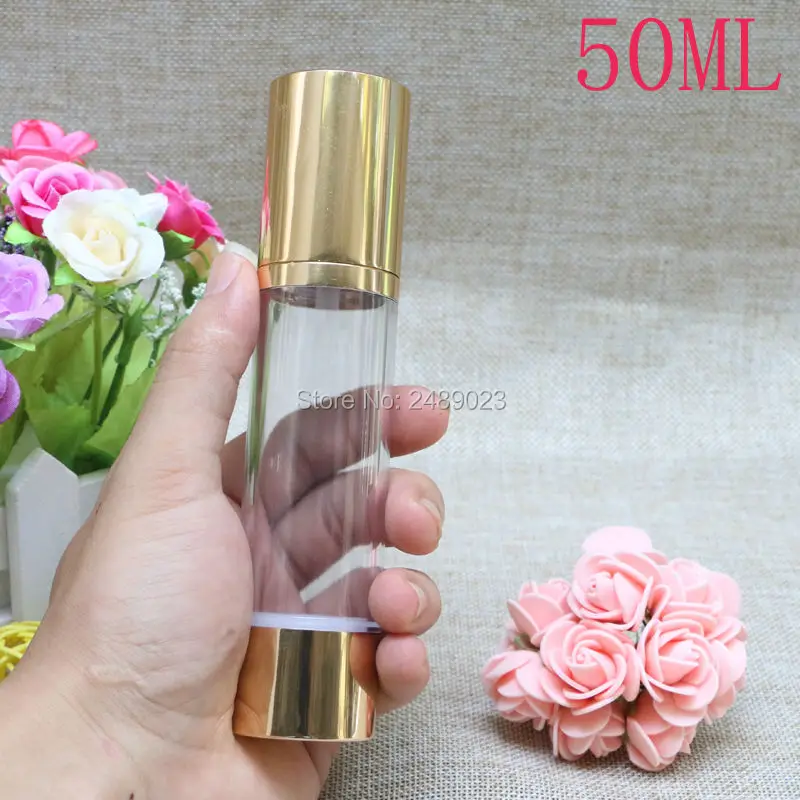 Botella sin aire de óxido de aluminio, contenedor de cosméticos, loción de viaje de alta calidad, herramientas de maquillaje, oro, 30ml, 50ml, 10 unidades por lote