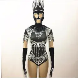 Fashion Crystals Bodysuit Diamonds Sparkly Headpiece Outfit Sexy Stage Performance Women  Singer Birthday Wear