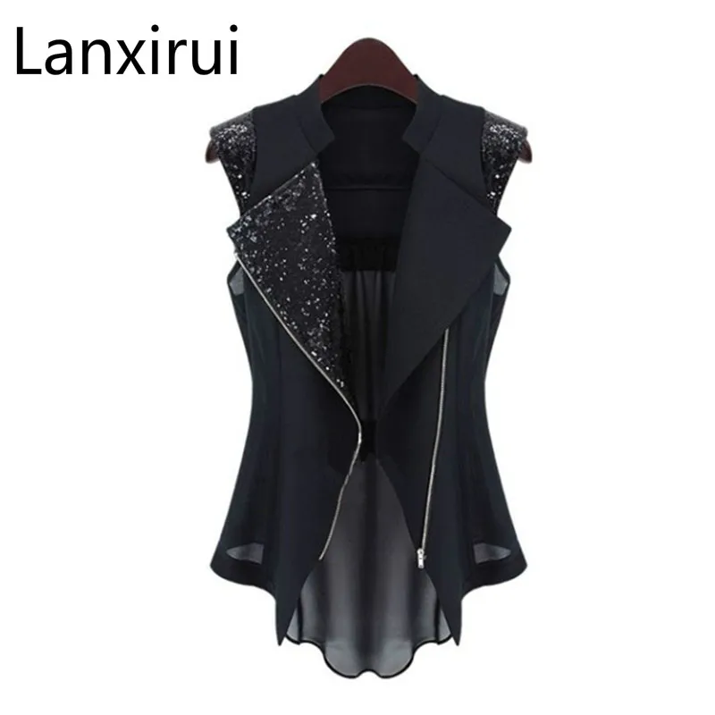 Autumn New European And American Fashion Sequins Decorated Wild Slim Turndown Collar Zipper Vest Punk Wind Black Waistcoat