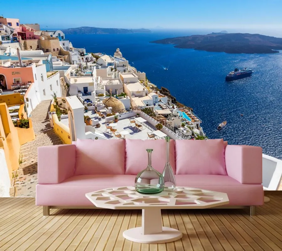 Wallpaper for walls 3d,Greece Coast Houses Ships Sea Cities wallpaper,living room sofa TV wall bedroom 3d murals papel de parede