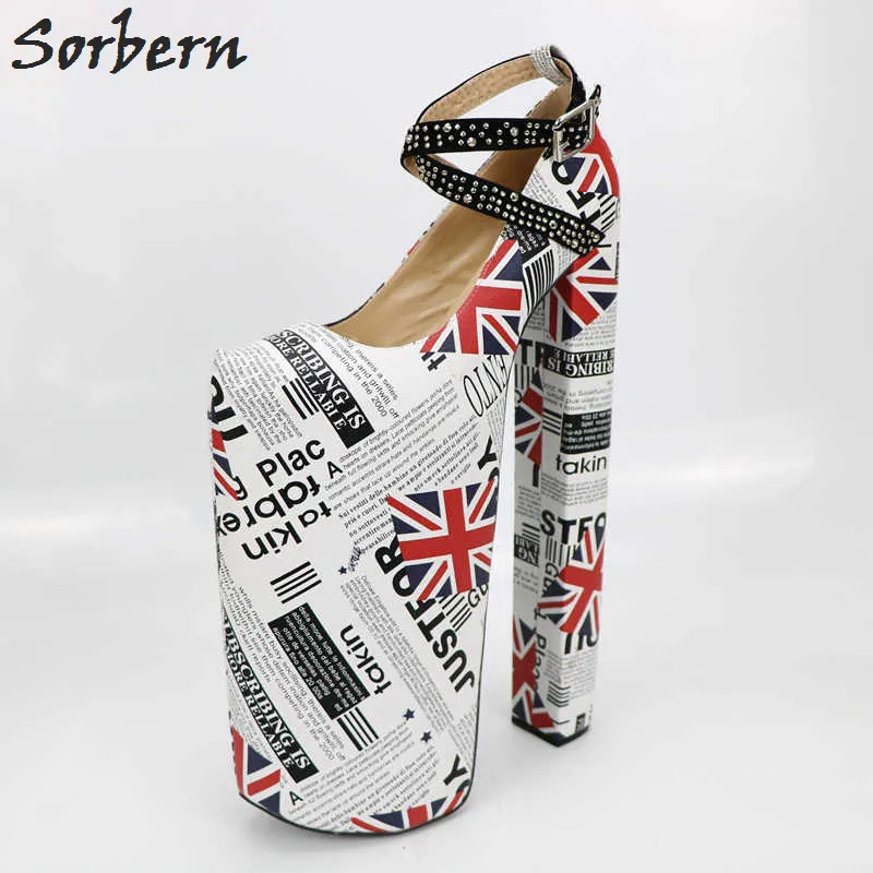 

Sorbern Flag Cross Strap Women Pumps Chunky High Heels Over 30Cm Custom Heel Shoe Show Display Fetish Heel Pumps Platform Heels