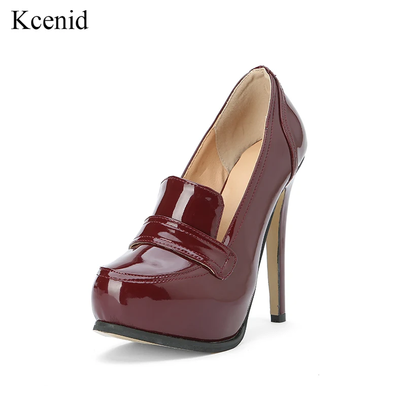 Kcenid Plus Size 35-47 New Patent Leather Women Platform Pumps Sexy High Heels Elegant Pumps Round Toe Party Shoes Red Wine 2023