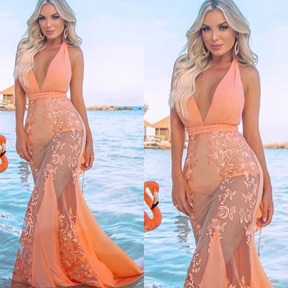 พรหม mermaid vestidos de fiesta de noche largos elegantes v คอลูกไม้ appliques จีบชั้น coral ชุดราตรี