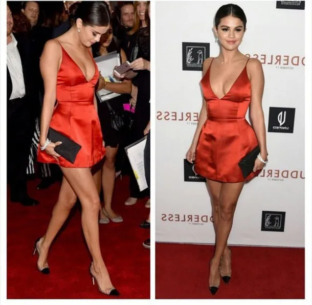 Selena Gomez – robe courte en Satin, Sexy, col en V, bretelles Spaghetti, Orange, rouge, ligne A, robe de célébrité, robe tapis rouge