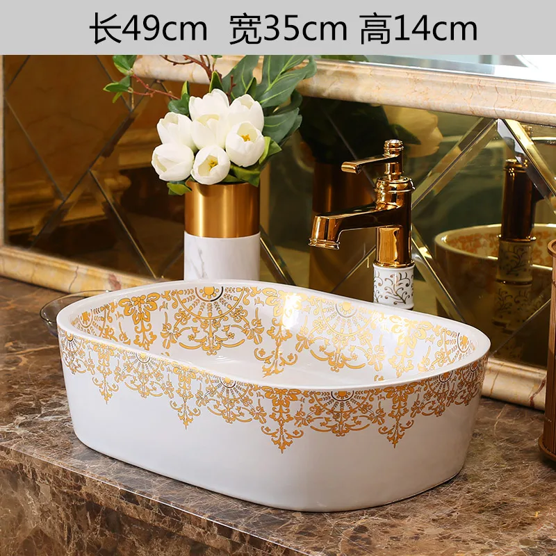 Gold pattern Europe Style Handmade Countertop Basin Bathroom Sink Ceramic wash basin porcelain wash basin sink oval