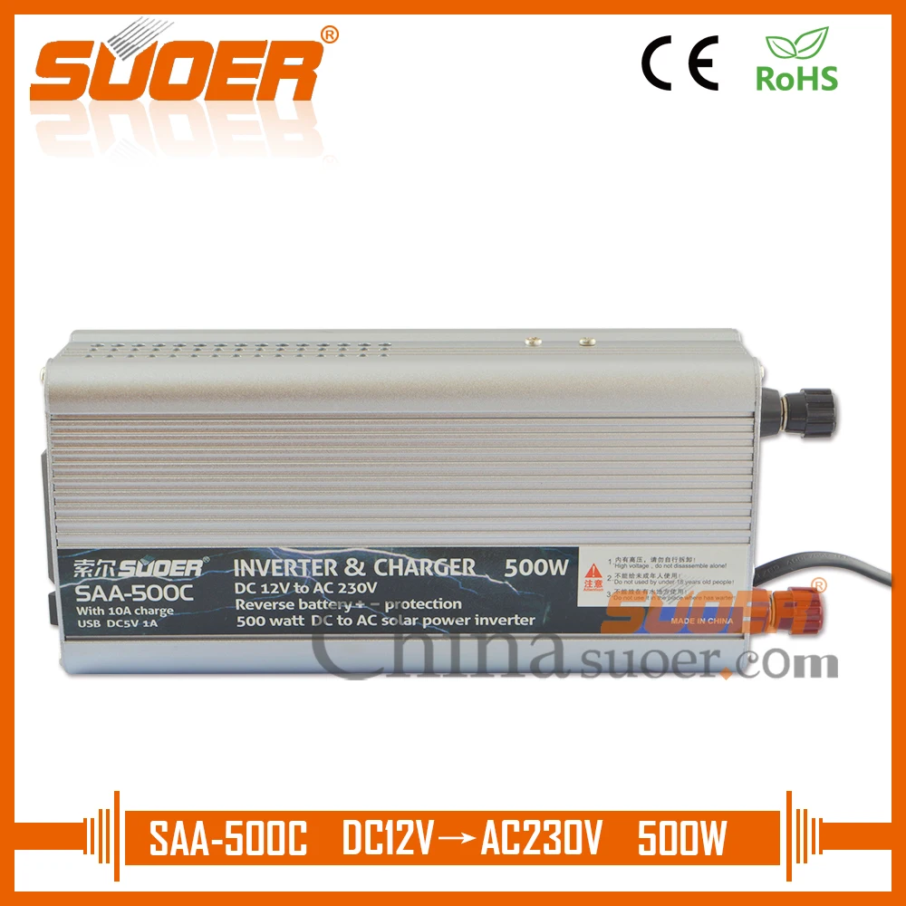 

Suoer【 Modified Sine Wave Inverter 】 power inverter 12V 220V 500W 50HZ 60HZ dc ac solar inverter with 10A charger(SAA-500C)