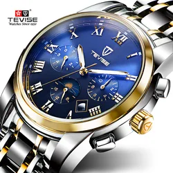 TEVISE Mens Watches Gold Automatic Watch Moon Phase Luminous Date Black Mechanical Wristwatches For Man Male Hours Luxury Clock