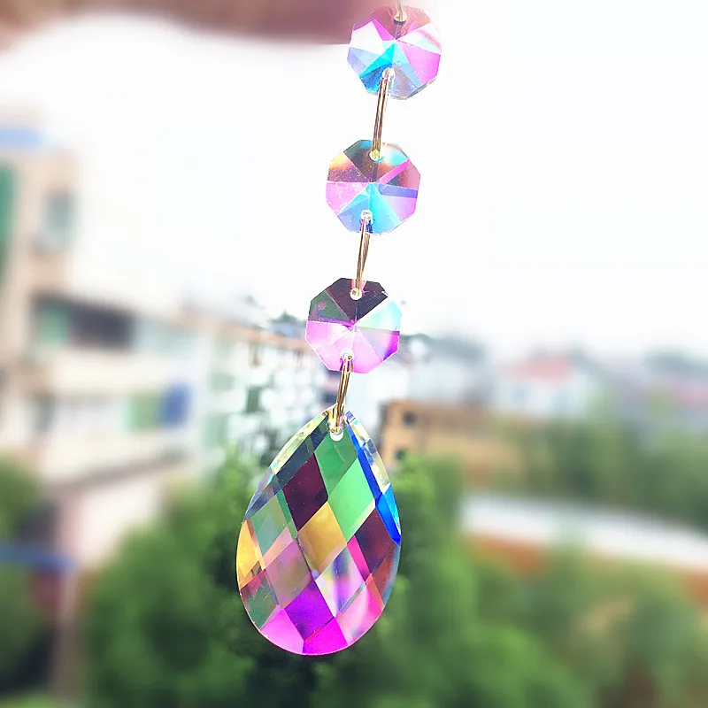 10pcs Crystal AB Color Octagon Beads With AB Faceted Pendants Marquise Glass Crystal Prisms Suncatcher Chandeliers Parts