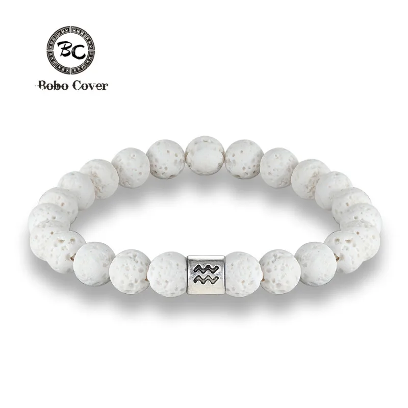 Nouveau 12 signes du zodiaque 8mm perles Bracelets à la main Vintage blanc pierre de lave perles