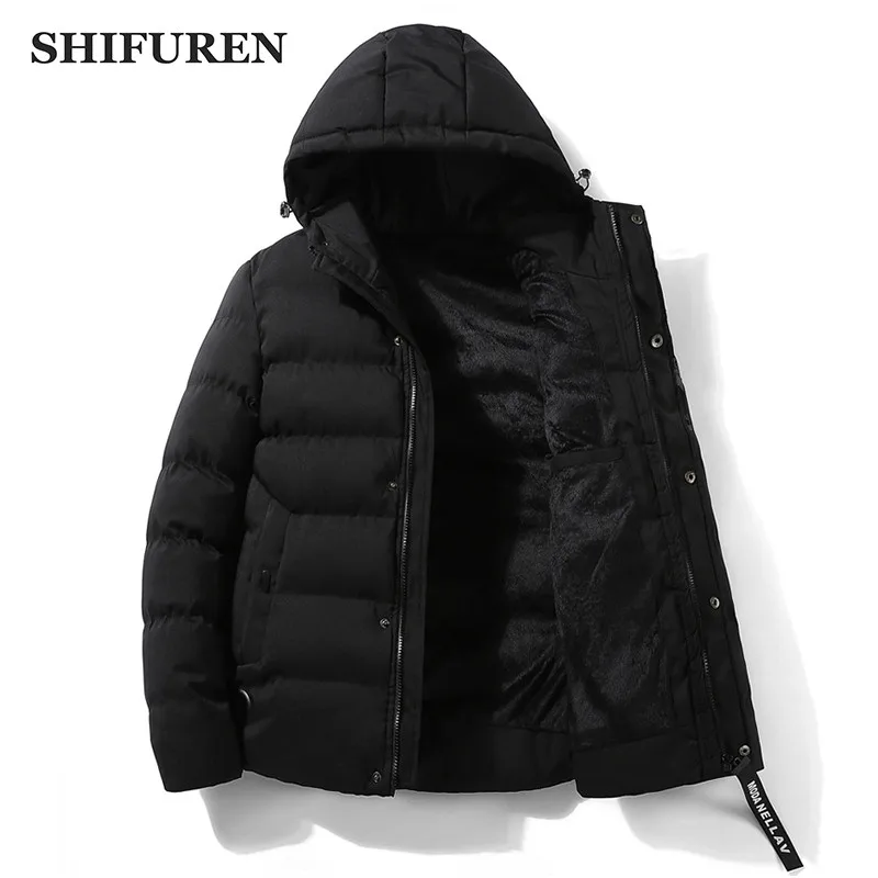 SHIFUREN 2018 Winter Jacket Men Thick Warm Fleece Solid Color Men's Coat Cotton Banded Male Causal Hooded Parkas Outerwear