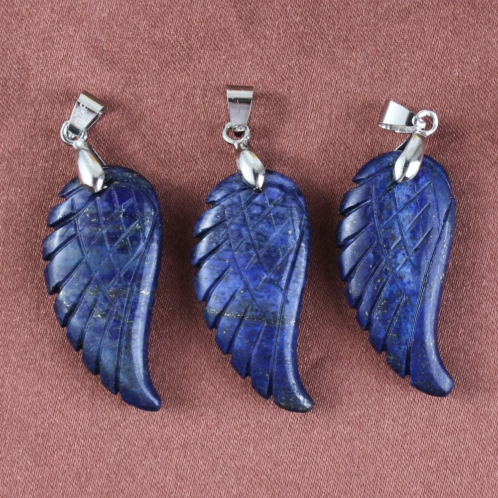 KFT Silver Plated Vintage Natural Lapis Lazuli Stone Freedom Angel Wing Pendant 35mm Fashion Women Men  Jewelry