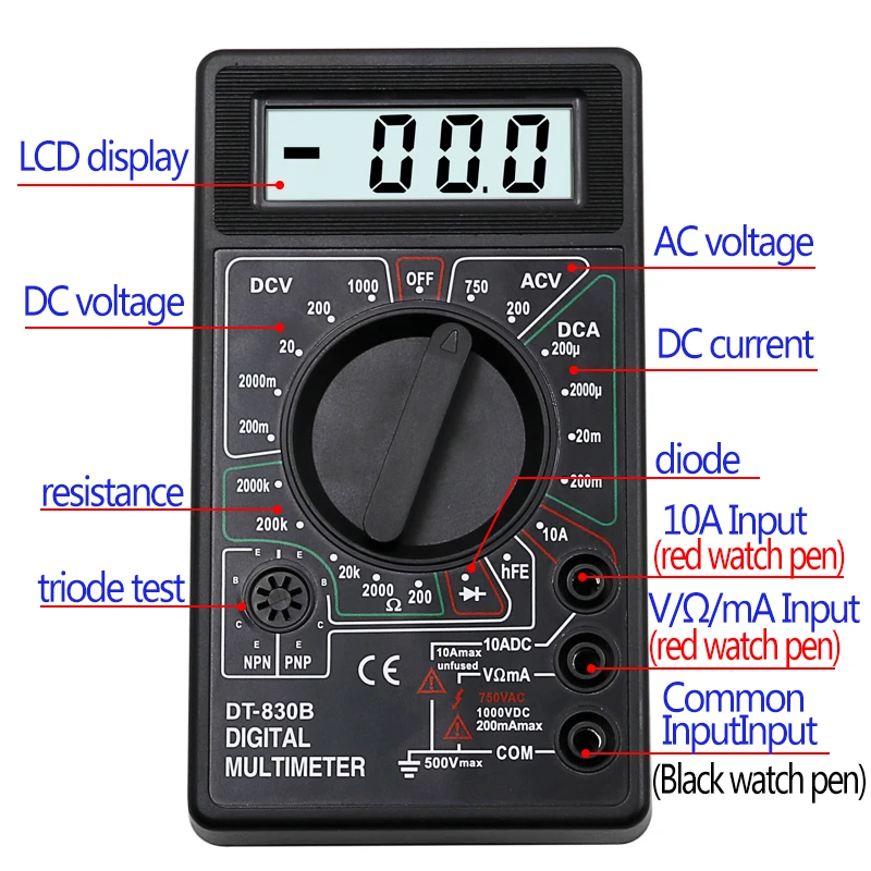 Multimetro digitale LCD AC DC DT-830B 750V 1000V 10A 20A Mini sonda multimetro digitale per voltmetro amperometro Ohm Tester