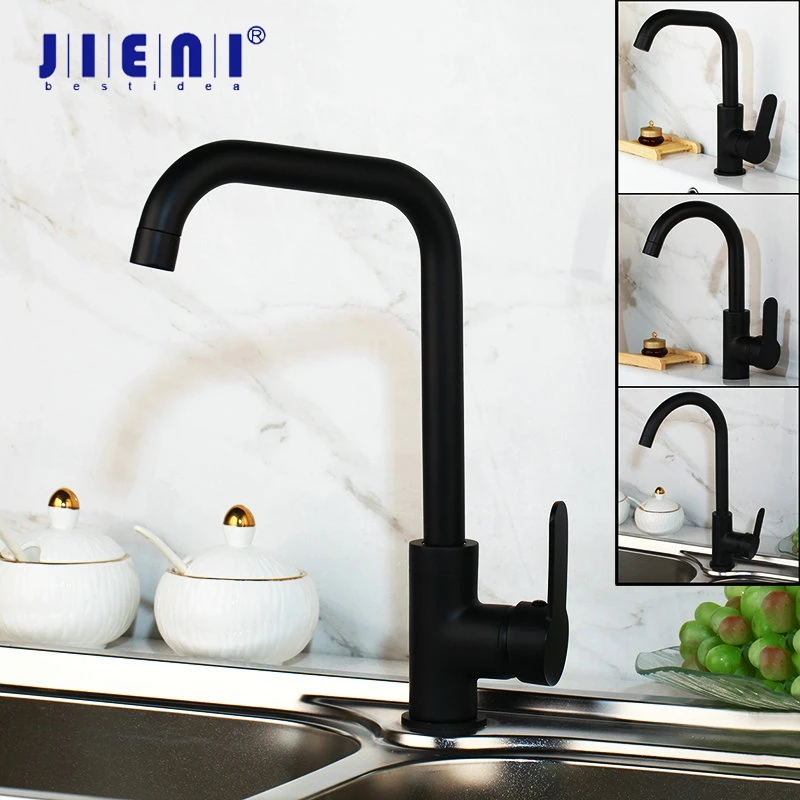 

JIENI Matte Black Kitchen Faucet 360 Rotate Black Mixer Faucet for Kitchen Rubber Design Hot Cold Deck Mounted Crane for Sink