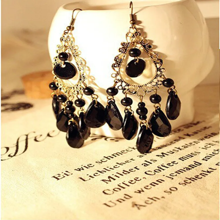 2016 Retro Fashion Hollow Tassel Earrings Boho Long Big Hanging Luxury Vintage Big Black Water Drop Earring With Stone For Women