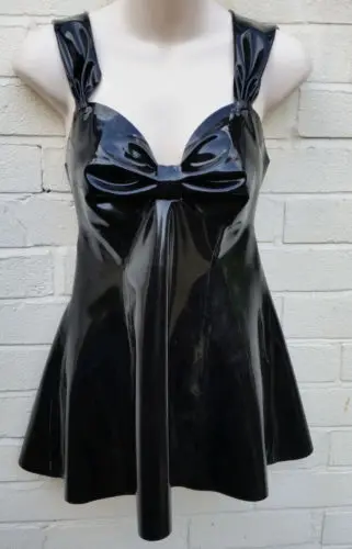 

Rubber 100% Latex Sexy Black Suspender Dress With low-cut Bow Size XXS-XXL