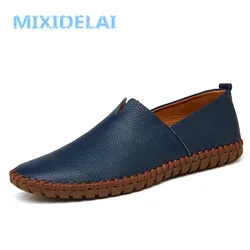 MIXIDELAI-Mocassins masculinos de couro de vaca genuínos, mocassins artesanais, deslizamento azul macio em sapato de barco, moda masculina, plus size 38-47