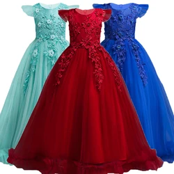 Kids Dresses Flower Lace Formal Sleeveless Long Dresses For Girls Princess Costume Girls Wedding Dresses Clothing 4-15Years