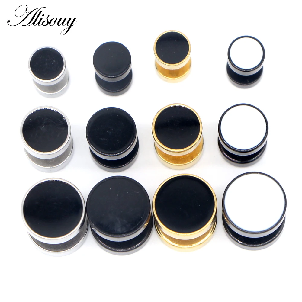 Alisouy 2pcs Stainless Steel Earring Studs Girl Boy Earrings Drip Oil Round Barbell Body Piercing Jewelry Fake Ear Plug Tunnels
