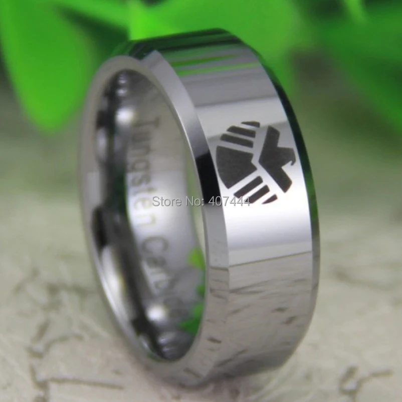 Free Shipping USA UK Canada Russia Brazil Hot Sales 8MM Shiny Silver Bevel Marvel Agents of Shield New Men's New Tungsten Ring