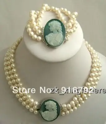 free shipping ******Gorgeous 3 rows 7-8mm white genuine pearl & Cameo button bracelet necklace set