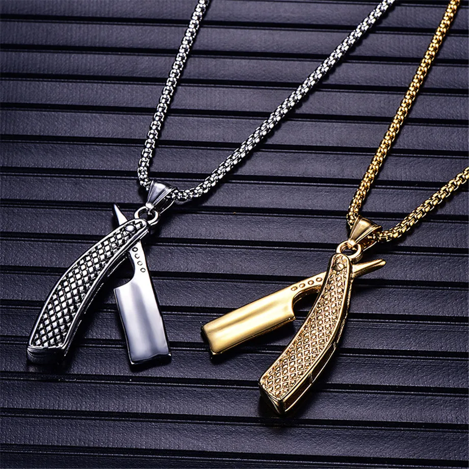 Punk Razor Blade Pendants Necklaces Gold Color Stainless Steel Chain Barber Shop Necklace for Men Jewelry
