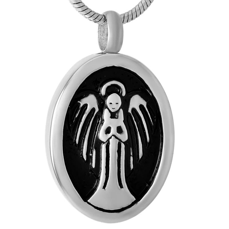 IJD9459 Angel Engraved Memorial Urn Necklace for Women,Wholesale Stainless Steel Oval Keepsake Pendant Cremation Jewelry for Ash