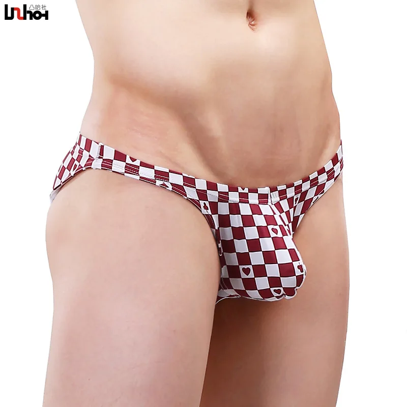 Ropa interior Sexy Gay para hombre, calzoncillos cortos de seda de hielo, a cuadros, bolsa convexa en U, bragas de cintura baja, Cueca, M-XXL