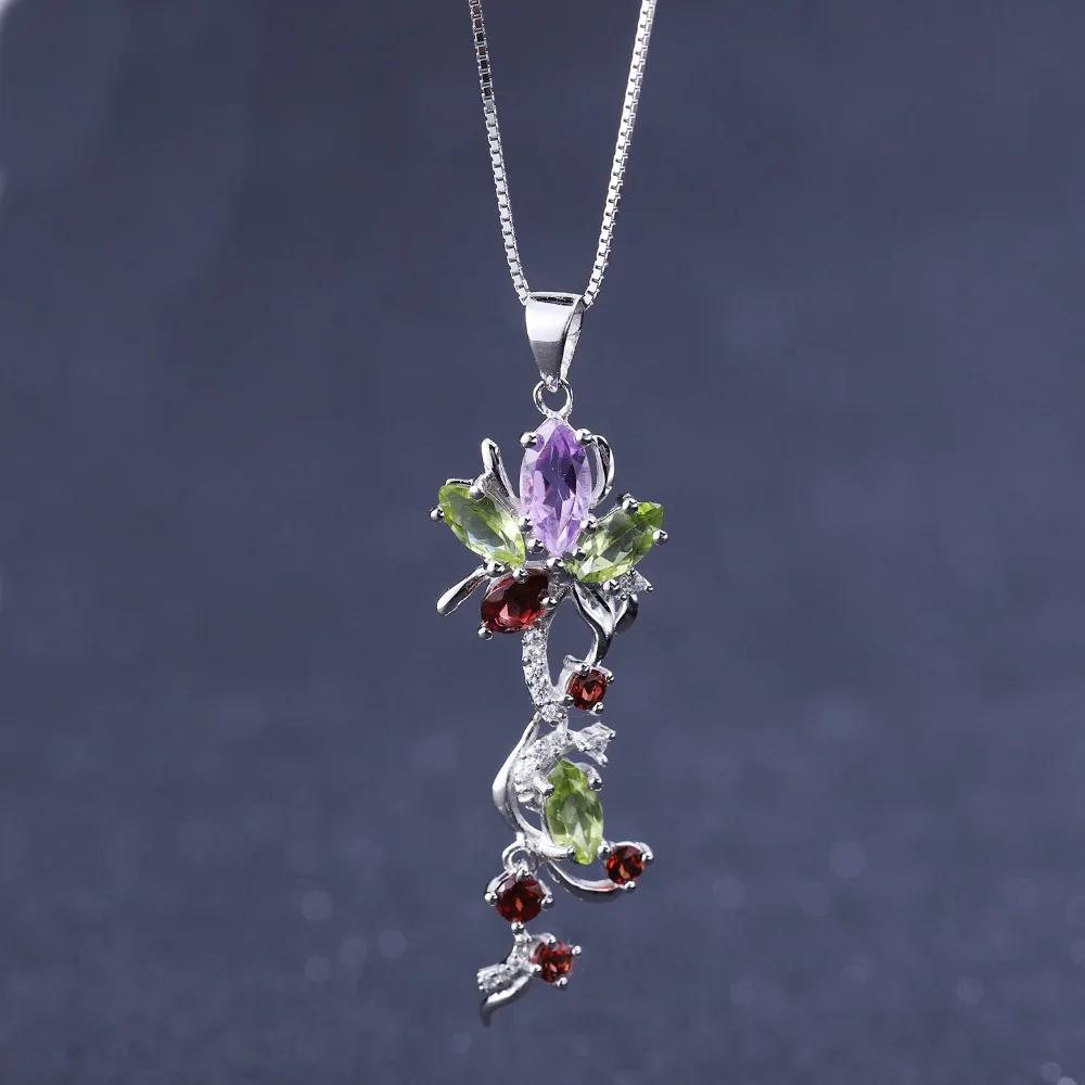 GEM'S BALLET Multicolor Natural Peridot Amethyst Garnet 925 Sterling Silver Flower Pendant Necklace Fine Jewelry for Women