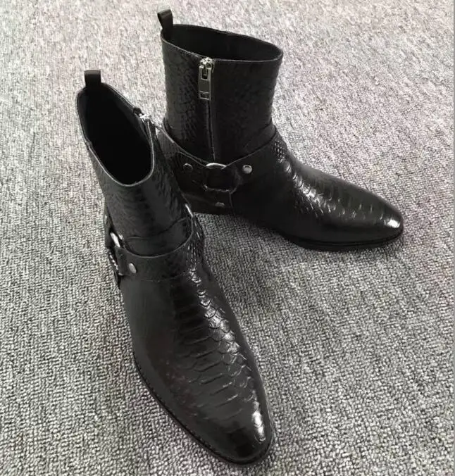 Black Snakeskin Genuine Leather Chelsea Boots Botines Buckle Strappy Men Ankle Boots Flats Trainers Side Zip Sapatos Shoes Men