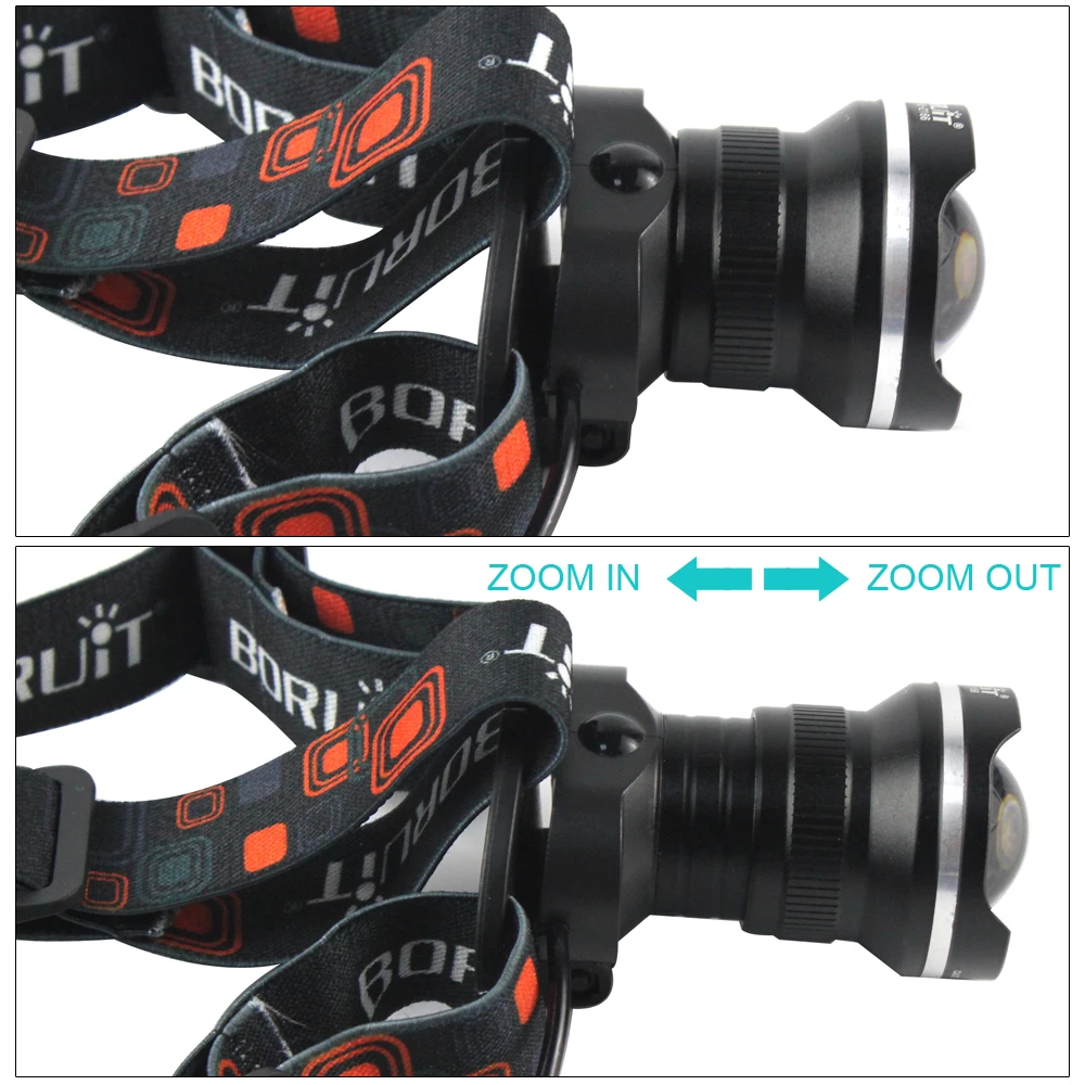 BORUiT RJ-2166 LED Headlamp 1000LM 3-Mode Zoom Headlight Waterproof Use AA Battery Head Torch for Camping Hunting