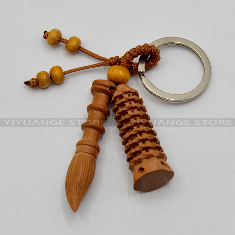 Feng Shui Peach Wood Wen Chang Pagoda Wenchang Pen Tower Keychain Wood Carved Amulet Home Decoration Accessories