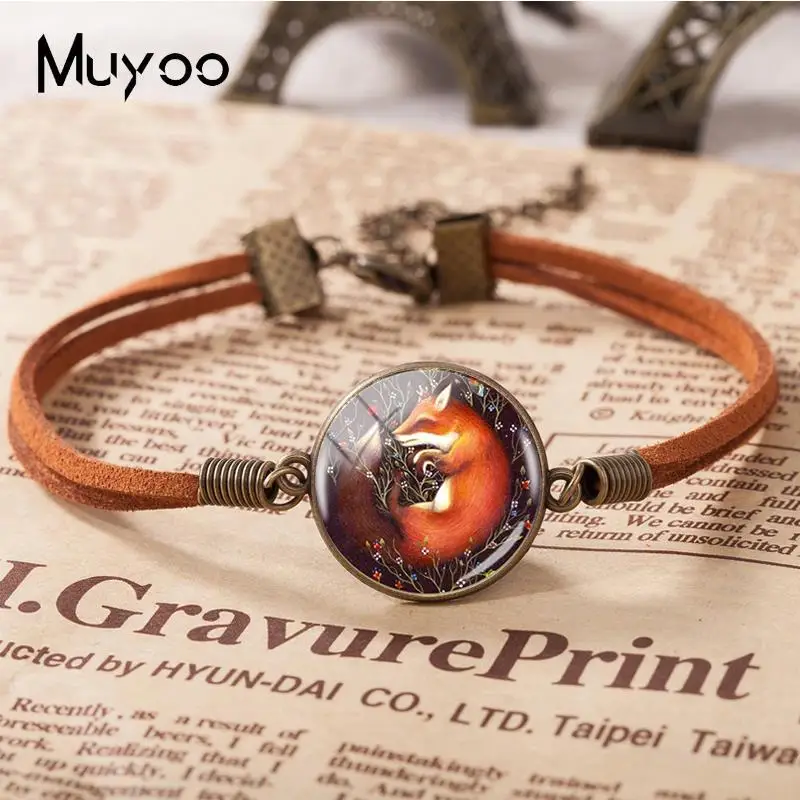 2018 New Sleeping Fox In Flowers Bracelet Hand Craft Leather Bracelets Art Glass Dome Photo Jewelry