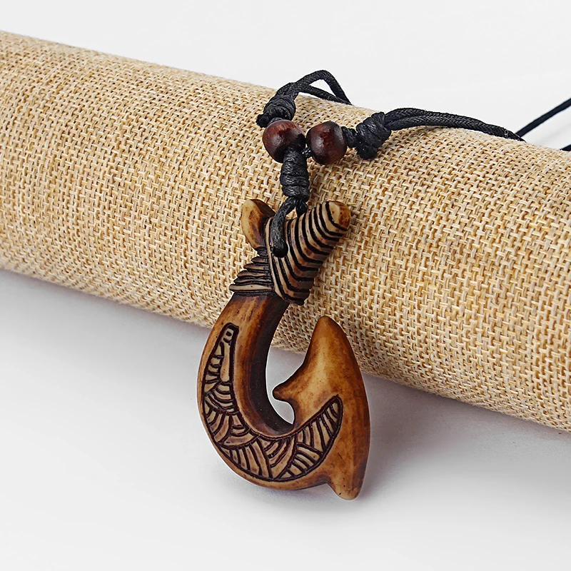 12pcs Brown Tribal Maori Fish-Hook Charms Pendants Black Wax Cord Surfer Necklace Boho Jewelry For Fashion Men Women