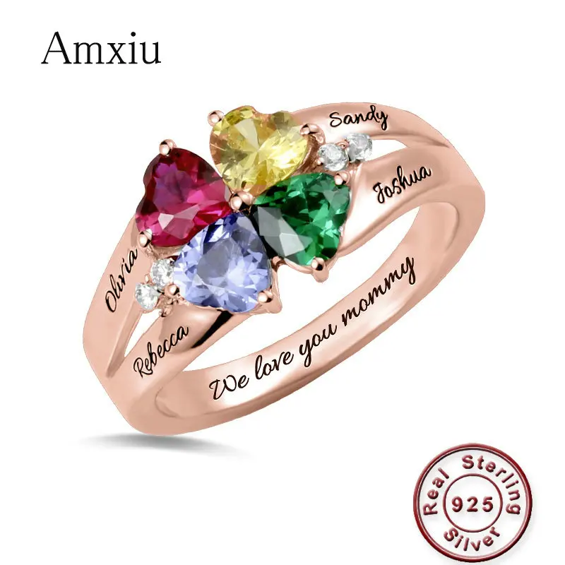 Amxiu Custom 3-6 Family Names Rings Personalized 925 Silver Ring with Birthstones Large Zircon Rings For Women Mother's Gift