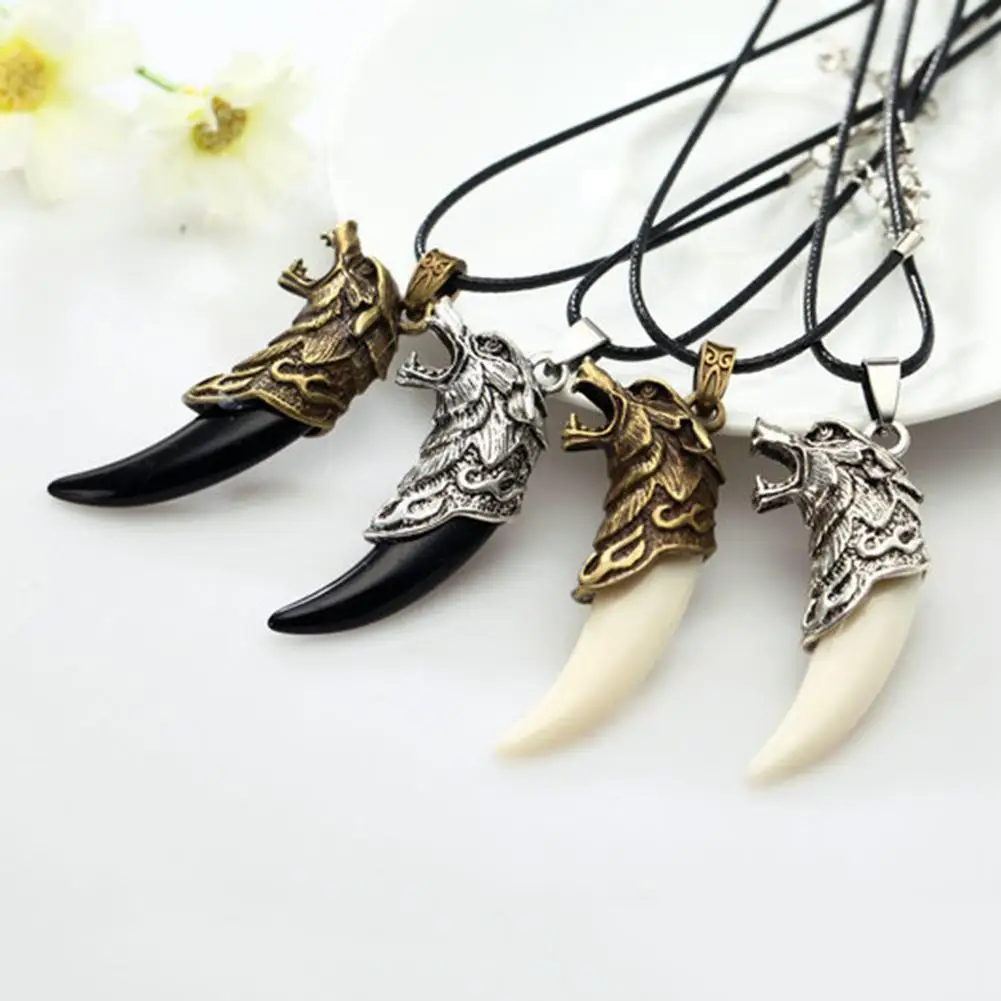 Wolf Fang Tooth Necklace Men Antique Tribal Carved Pendant Faux Leather Rope Jewelry Gifts