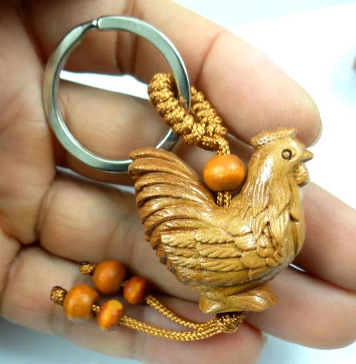 Natural mahogany three-dimensional engraving Chicken keychain Buddha key ring jewelry gift for men and women 1pc