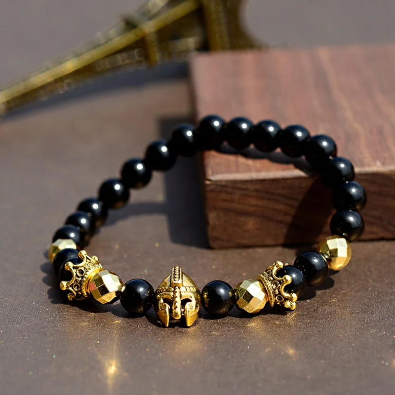 Luxury Crown Spartan Warrior Gladiator Helmet Bracelet Homme Men Classic Natural Stone Beaded Bracelet Jewelry Pulseira Hombres view 2