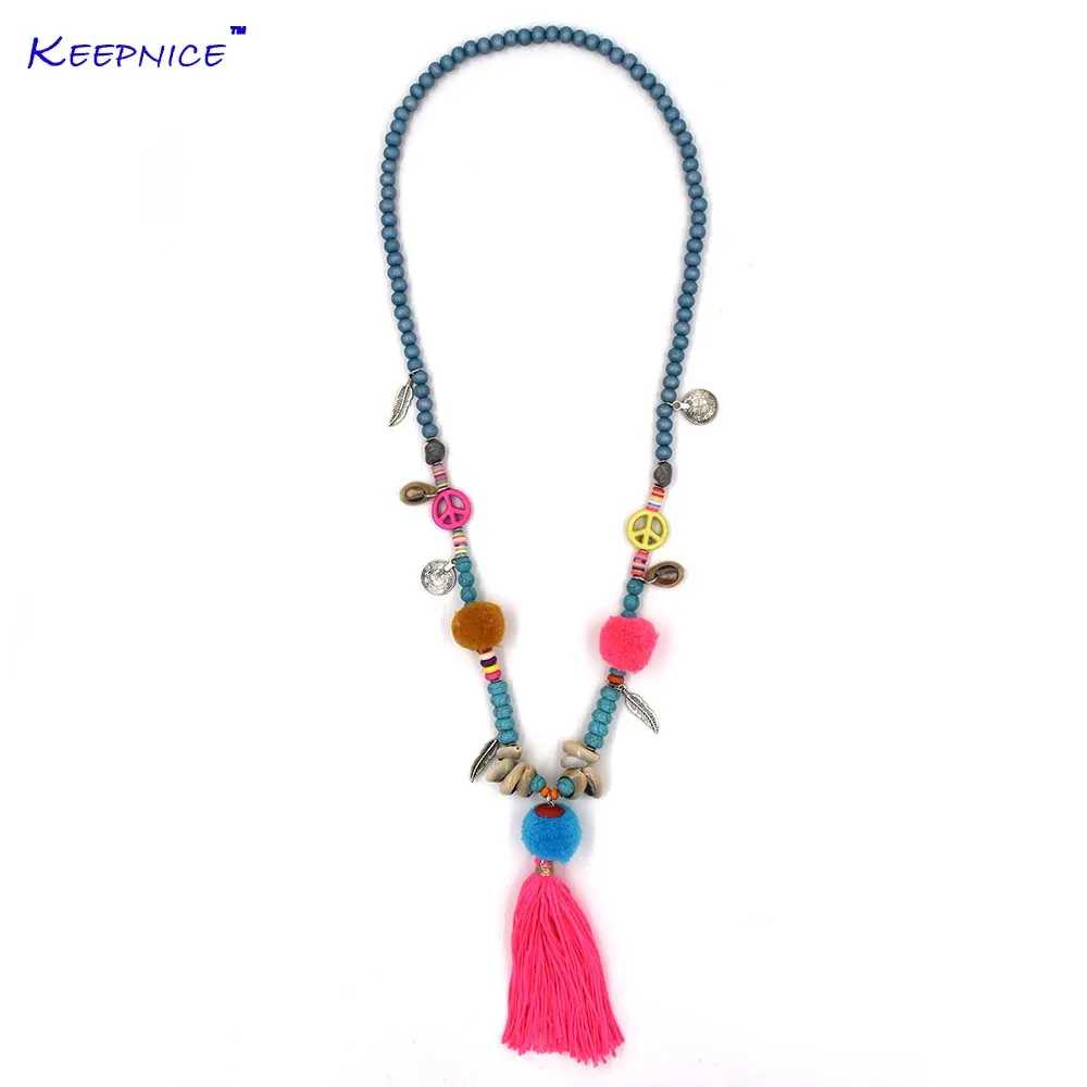 

New Pink Tassel Pompous Pompoms Pendents Necklace Boho Bohemiam Long Fringe Statement Wooden Beads Chain Maxi Necklaces