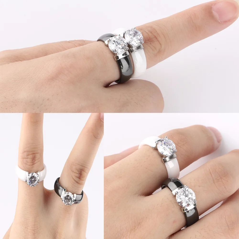 6mm White Black Ceramic Rings Plus Big Cubic Zirconia For Women Stainless Steel Women Wedding Ring Engagement Jewelry Never Fade