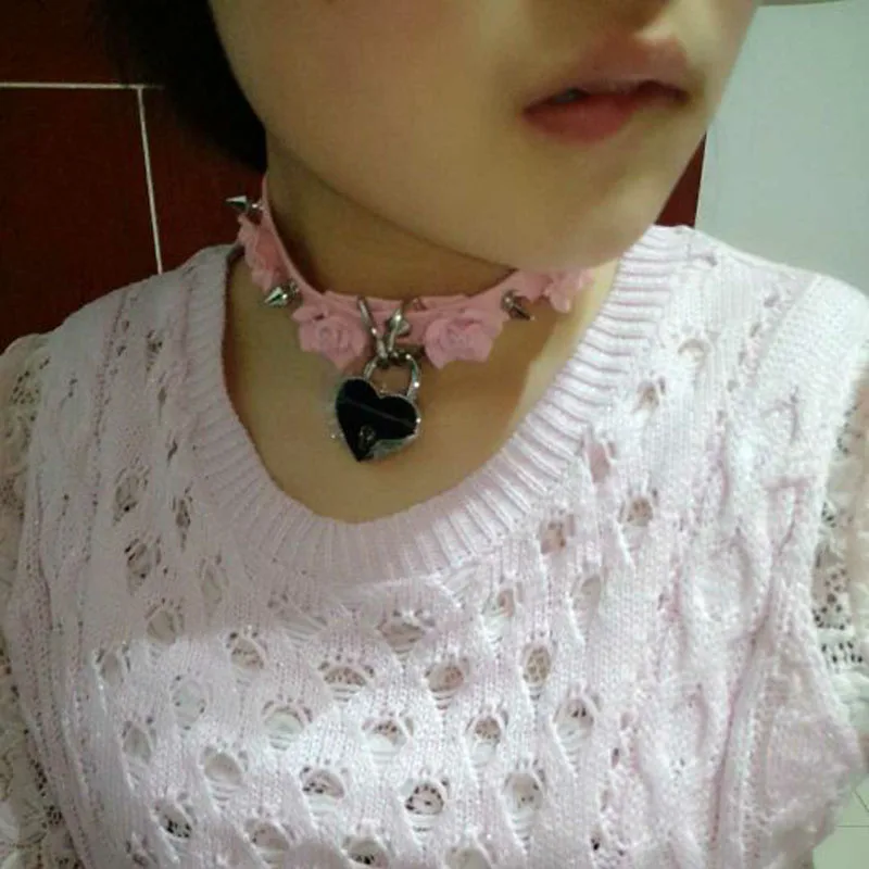 Kawaii Harajuku 100% Handmade Safe Heart Lock Key Rose Flower Choker Spikes Spiked Collar Buckle Necklace