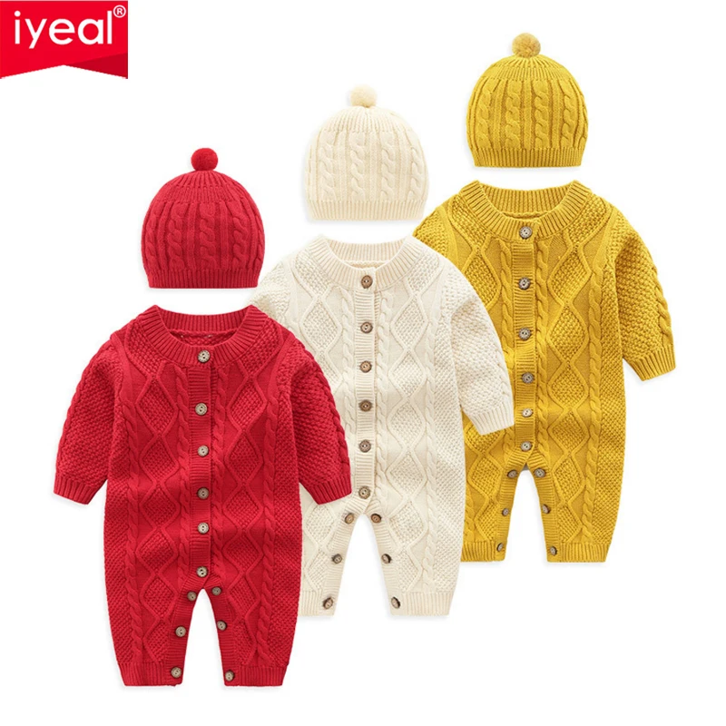 

IYEAL Newborn Baby Boy Girl Christmas Costume Cotton Knitted Baby Rompers With Hat 2PCS Winter Crawling Kids Clothes Jumpsuit