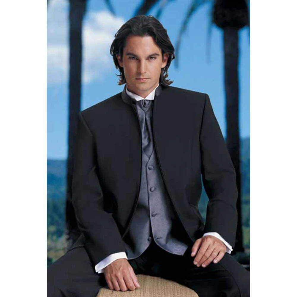 Custom Made to Measure Black Mandarin Collar Groomsmen Wedding Suits For Men